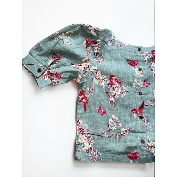 Bombay Paisley XS Linen Crop Top Bird Print Puff Sleeve Blouse Fairy Garden - Picture 9 of 16